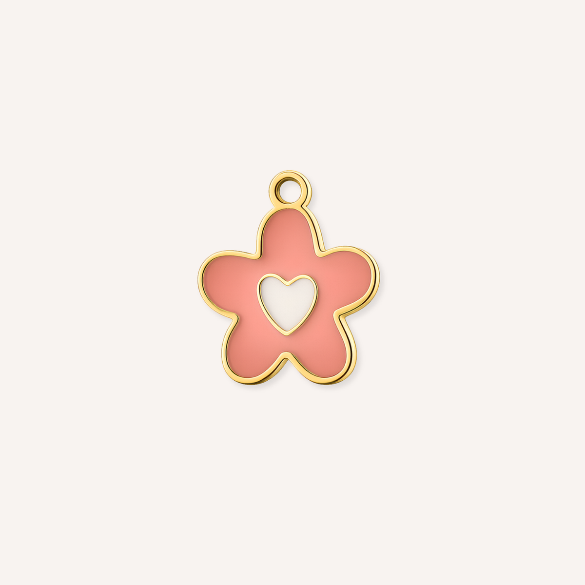 Amore Charm, zachtroze bloem bedel met hartje in het midden