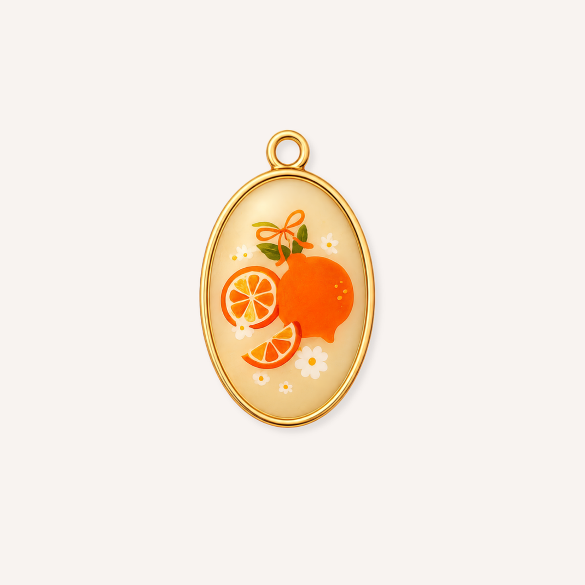Arancella Charm, ovale crème emaille bedel met sinaasappels en bloemetjes