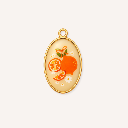 Arancella Charm, ovale crème emaille bedel met sinaasappels en bloemetjes