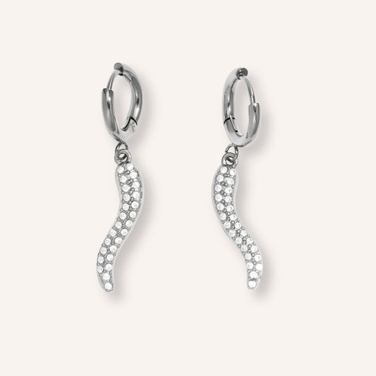 Bagliore Oorbellen in zilver, zilverkleurige slangvormige hangoorbellen met strass-steentjes