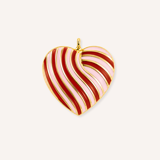 Caramella Charm, hartvormige bedel met rode en roze emaille strepen