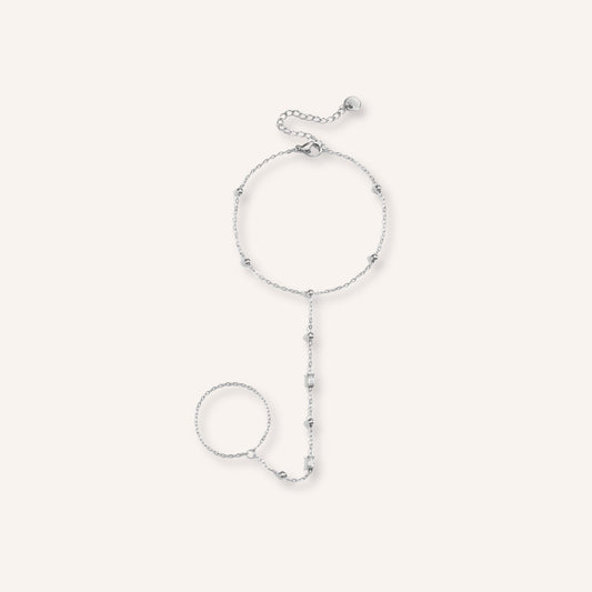 Cascata Handchain in zilver, zilverkleurige handketting met bolletjes en rechthoekige strass-steentjes