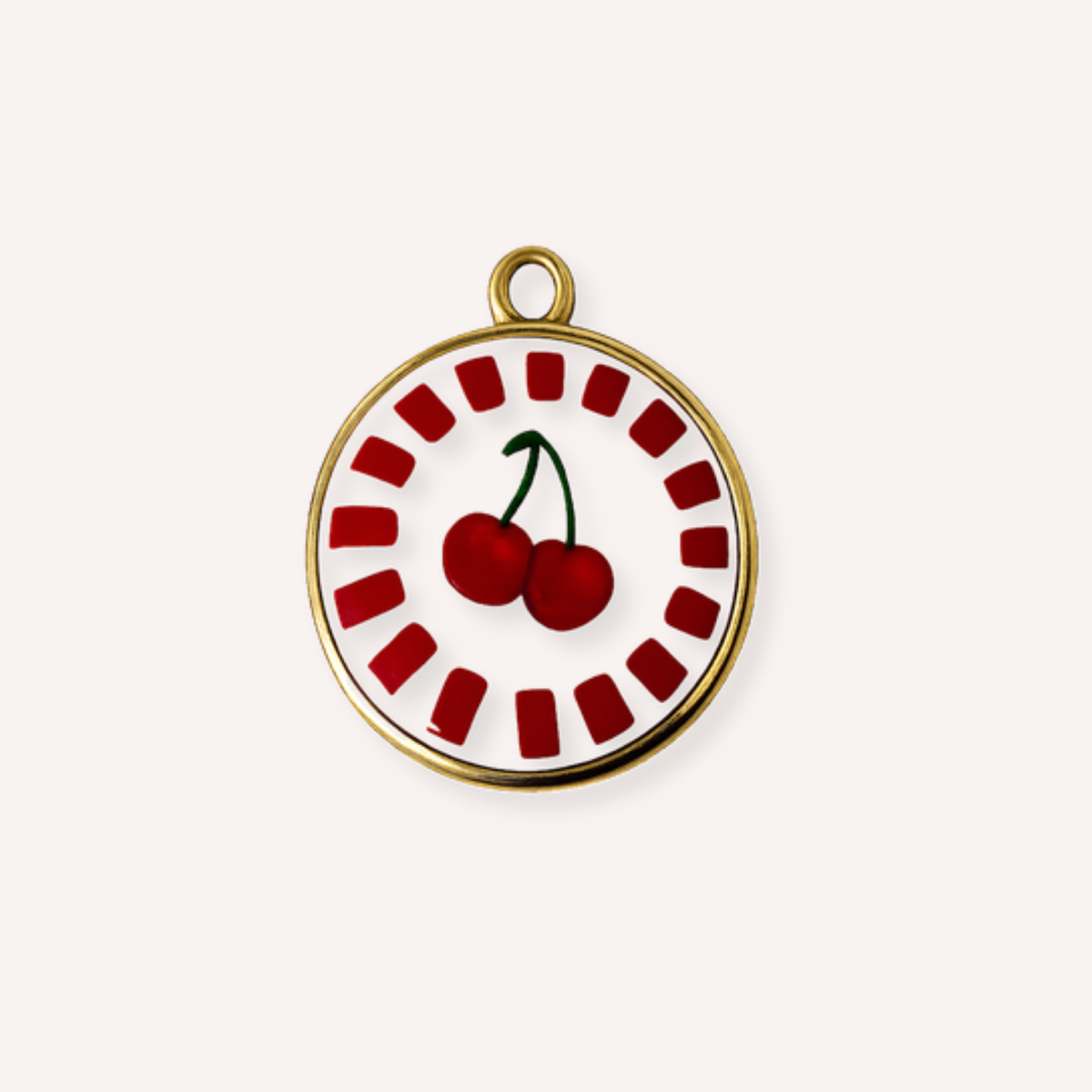 Cerasella Charm, ronde witte emaille bedel met kersen en rood-witte rand
