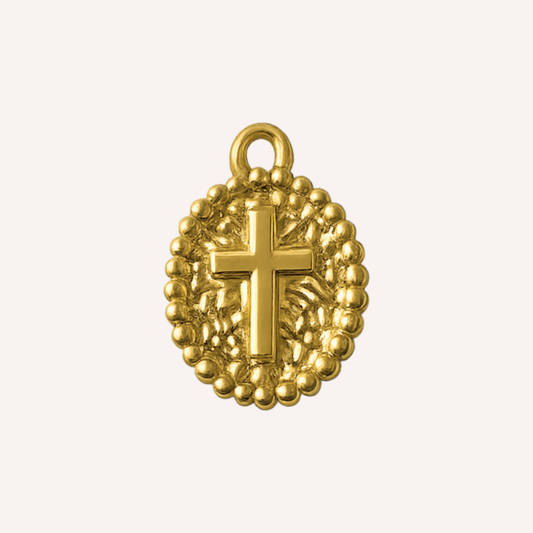 Crocemio Charm, ovaal goudkleurig medaillon met kruis in reliëf