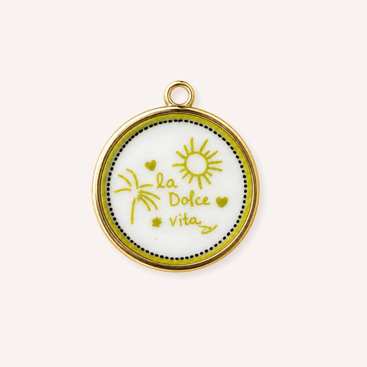Dolce Vita Charm, rond medaillon met zon, palmboom en tekst
