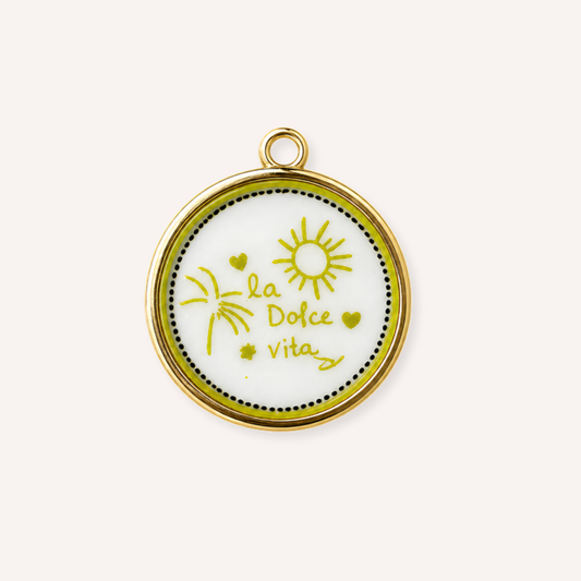 Dolce Vita Charm, rond medaillon met zon, palmboom en tekst