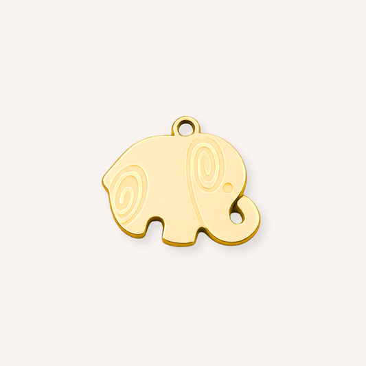 Elefante Charm, goudkleurige olifantbedel met kruldetails op de oren