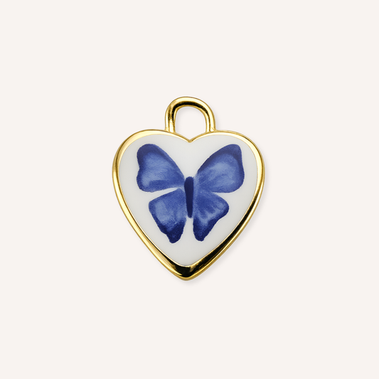 Farfalla Charm, goudkleurig hart met blauwe vlinder