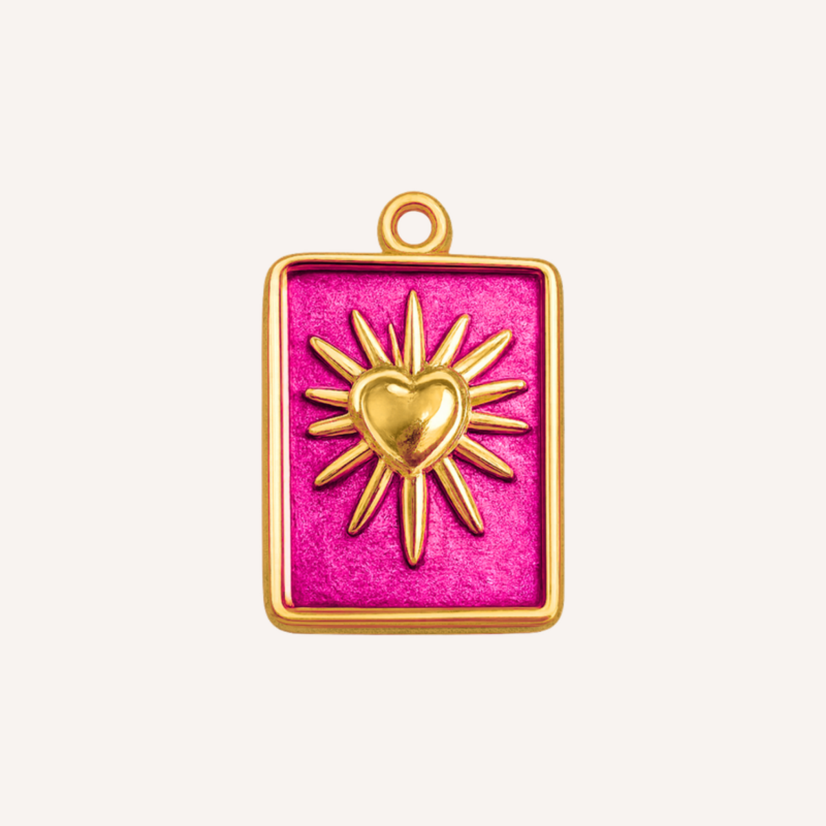 Fucsia Charm, rechthoekige bedel met goudkleurig hart op magenta emaille