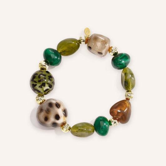 Giungla Armband, kralenarmband met groene, bruine en luipaardprint acryl kralen