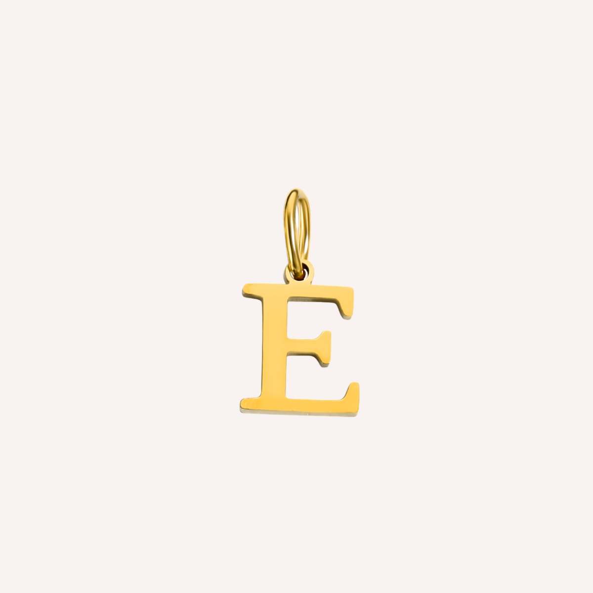 Letter E Lucido Charm, hoogglans gepolijste goudkleurige letter E bedel