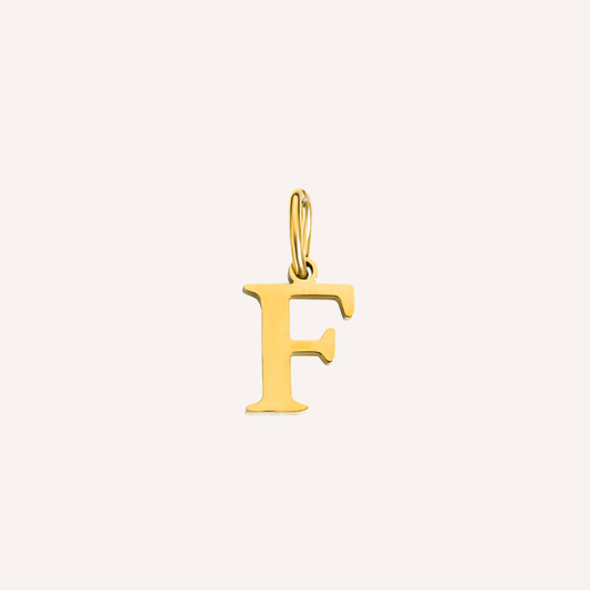 Letter F Lucido Charm, hoogglans gepolijste goudkleurige letter F bedel