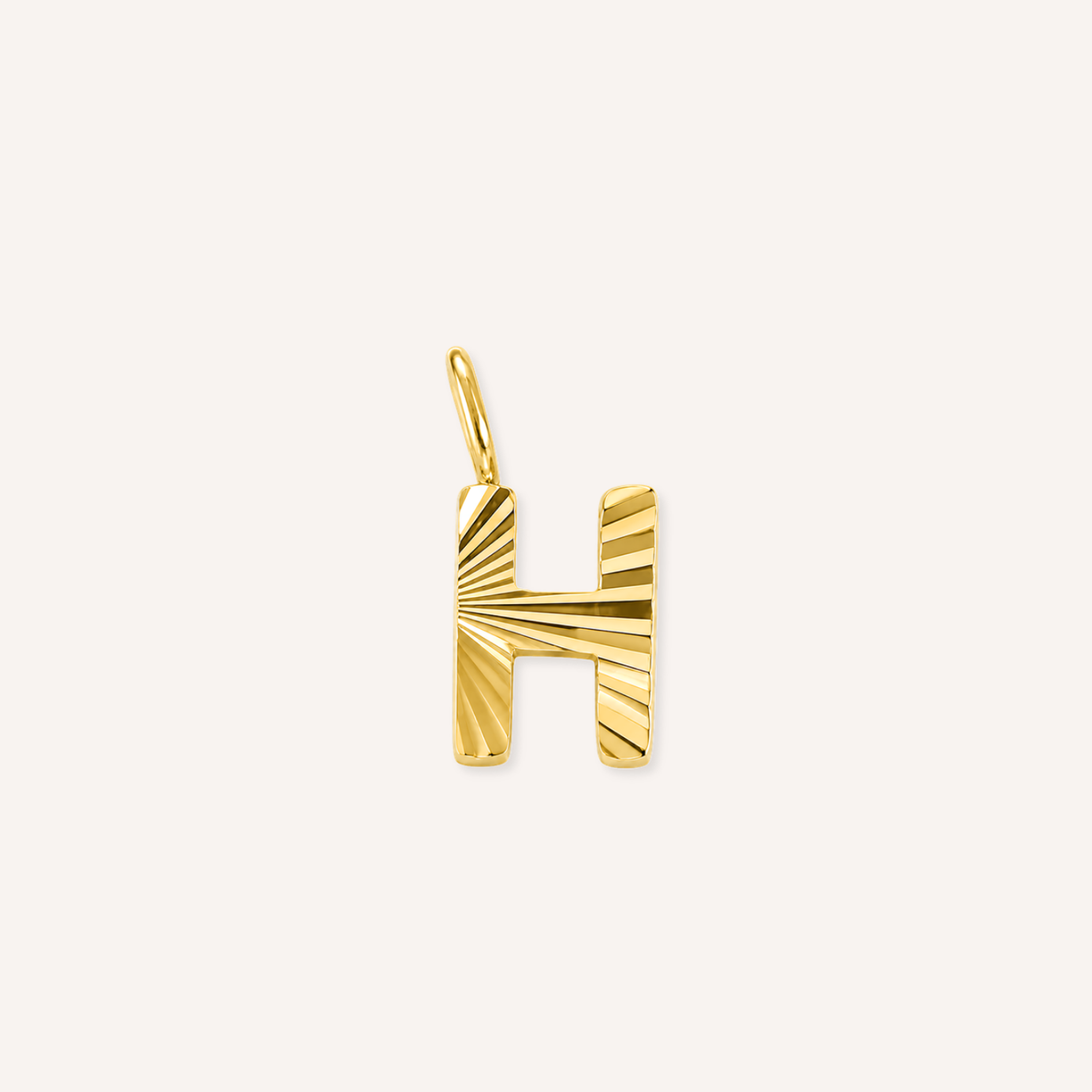 Letter H Raggiante Charm, goudkleurige letter H bedel met zonnestraalreliëf