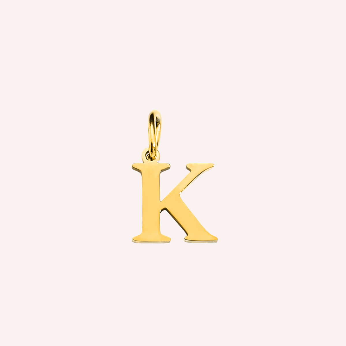 Letter K Lucido Charm, hoogglans gepolijste goudkleurige letter K bedel