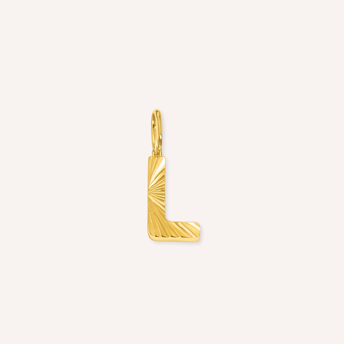 Letter L Raggiante Charm, goudkleurige letter L bedel met zonnestraalreliëf