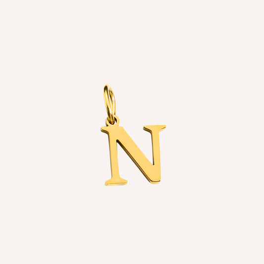 Letter N Lucido Charm, hoogglans gepolijste goudkleurige letter N bedel