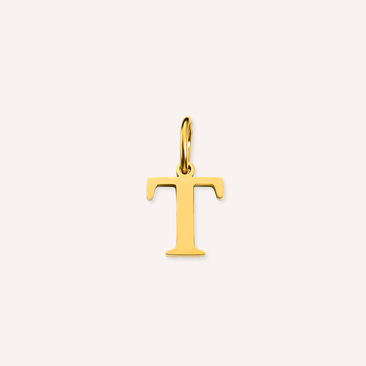 Letter T Lucido Charm, hoogglans gepolijste goudkleurige letter T bedel