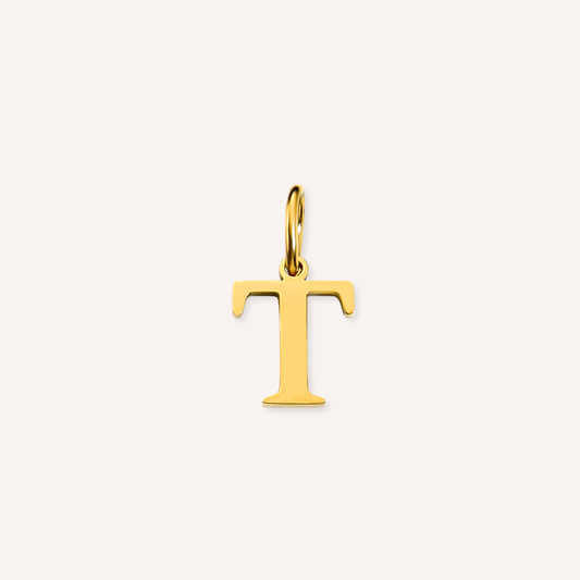 Letter T Lucido Charm, hoogglans gepolijste goudkleurige letter T bedel