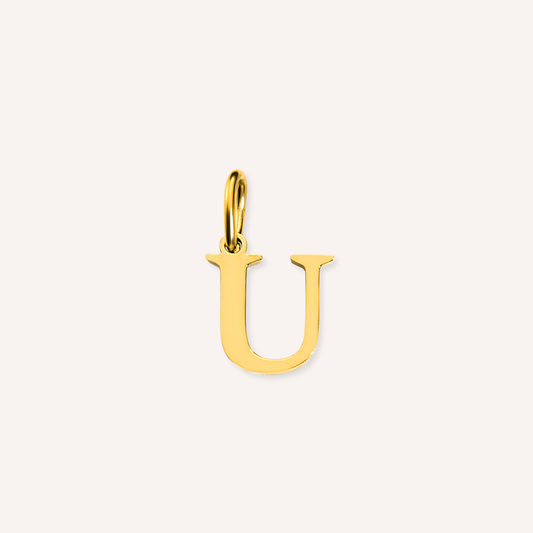 Letter U Lucido Charm, hoogglans gepolijste goudkleurige letter U bedel