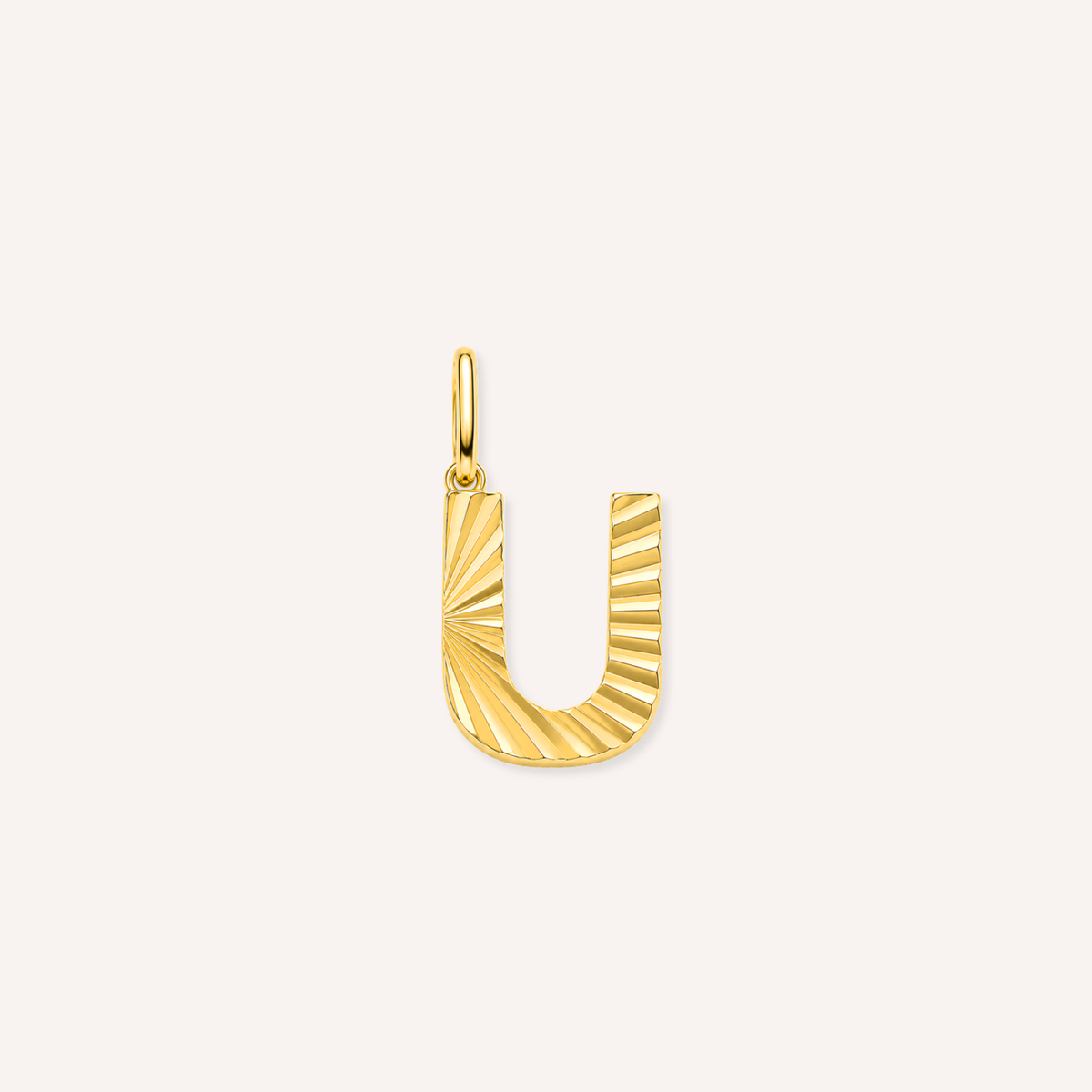 Letter U Raggiante Charm, goudkleurige letter U bedel met zonnestraalreliëf