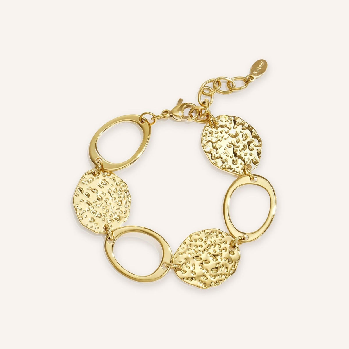 Martellata Armband, goudkleurige schakelarmband met gehamerde ronde en ovale schakels