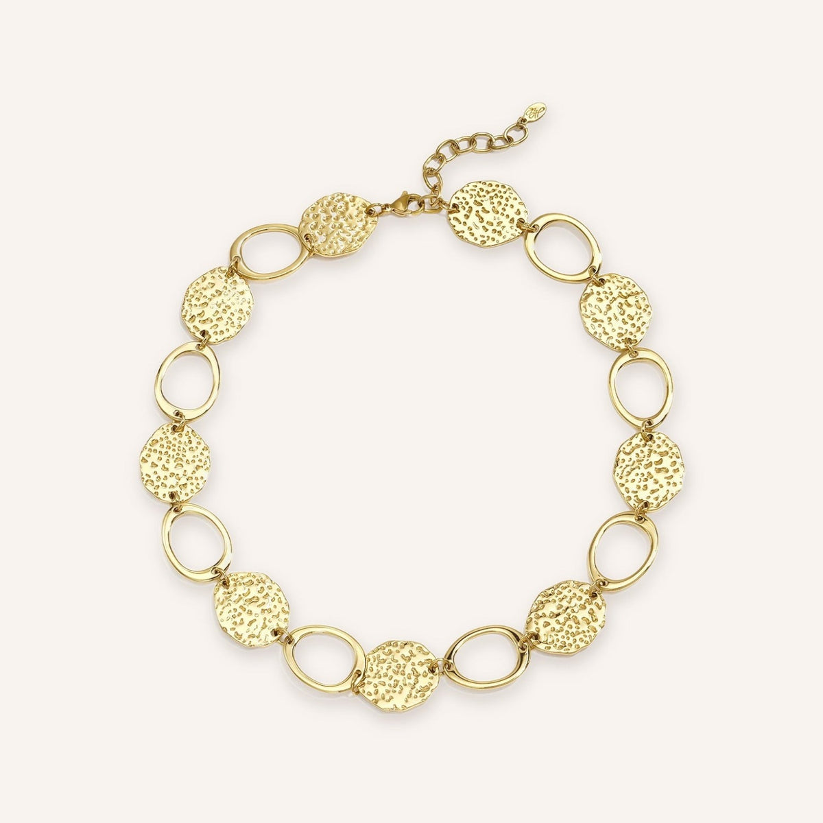 Moneta Ketting, goudkleurige statement ketting met gehamerde munten en ovale schakels