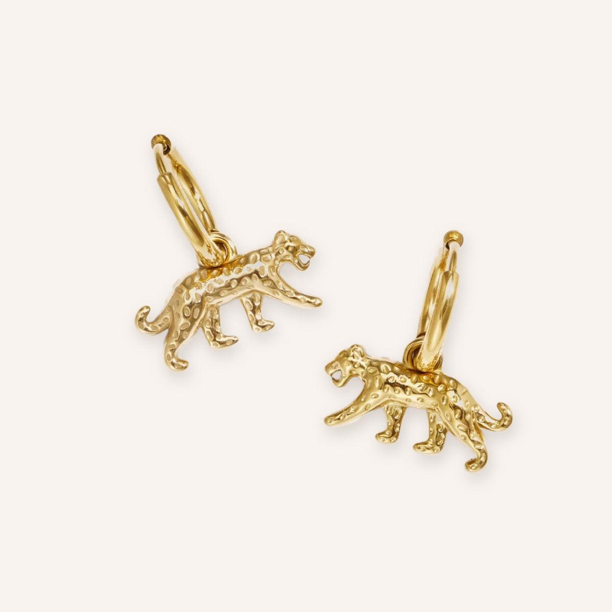 Notturna Oorbellen, kleine goudkleurige oorringetjes met panterbedeltje