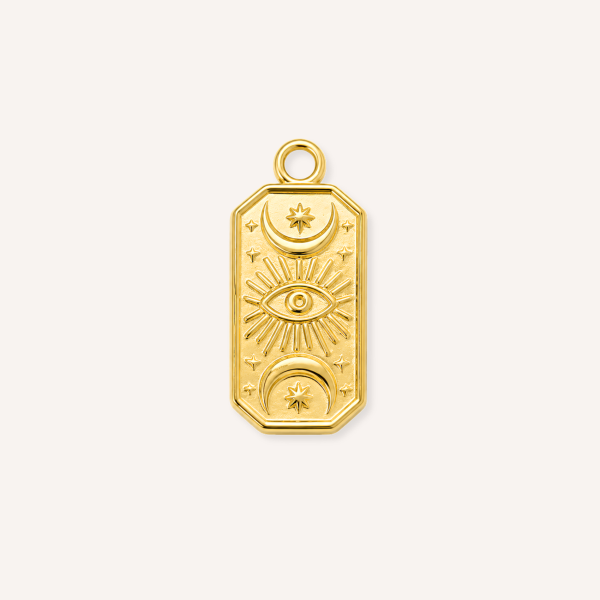 Occhialba Charm, rechthoekige goudkleurige bedel met oog, manen en sterren