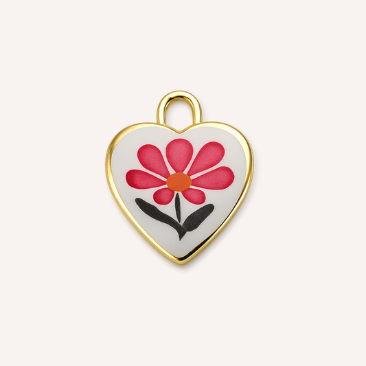 Primavera Charm, goudkleurig hart met roze bloem