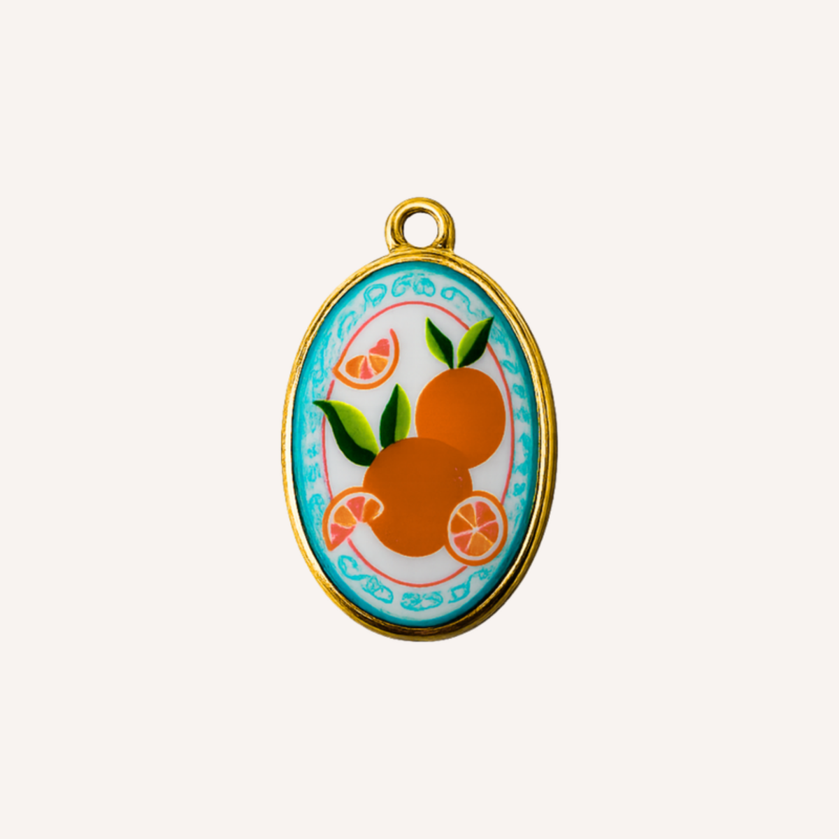 Sicilia Charm, ovale bedel met sinaasappelmotief en turquoise rand