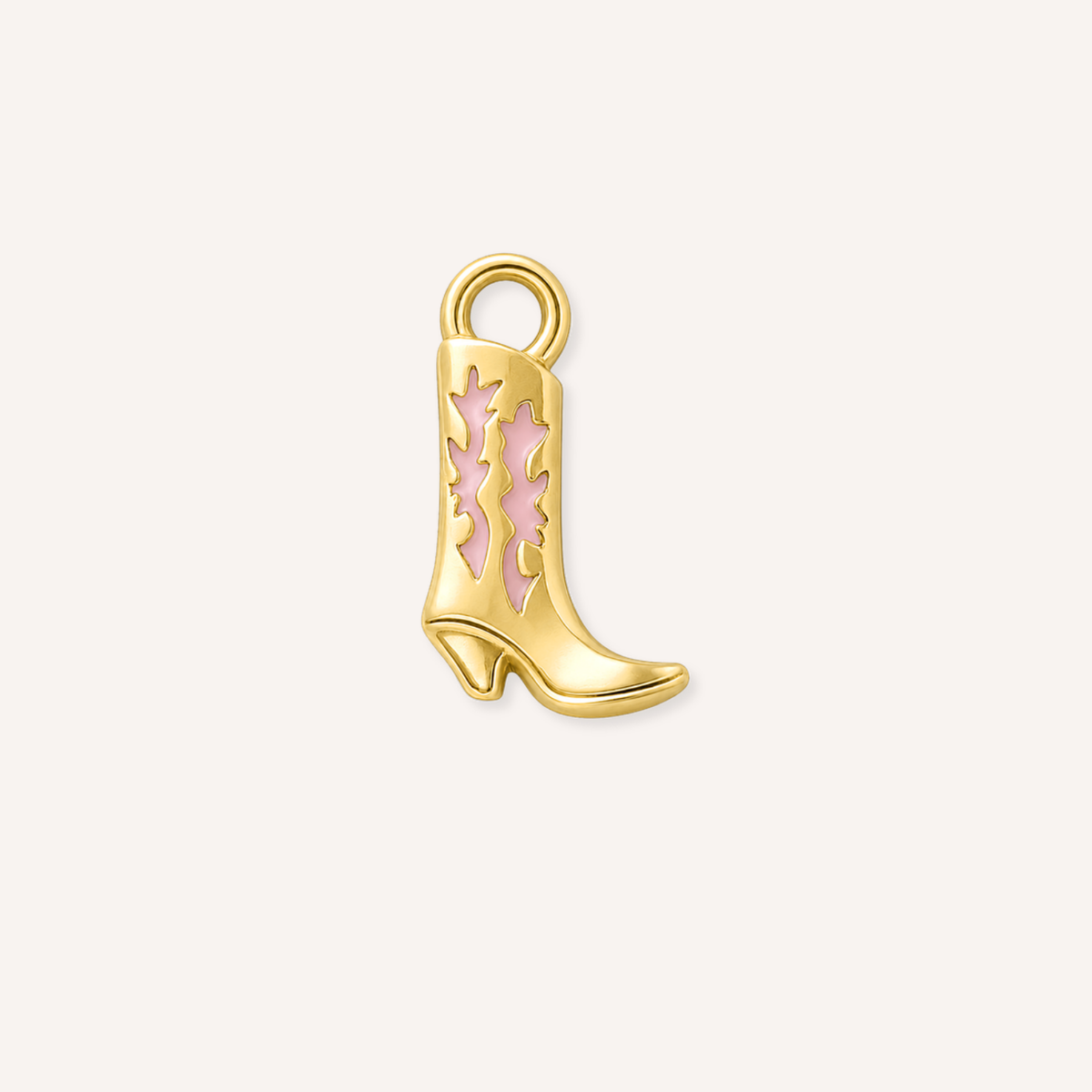 Stivale Charm, goudkleurige cowboylaarsbedel met roze emaille vlammen