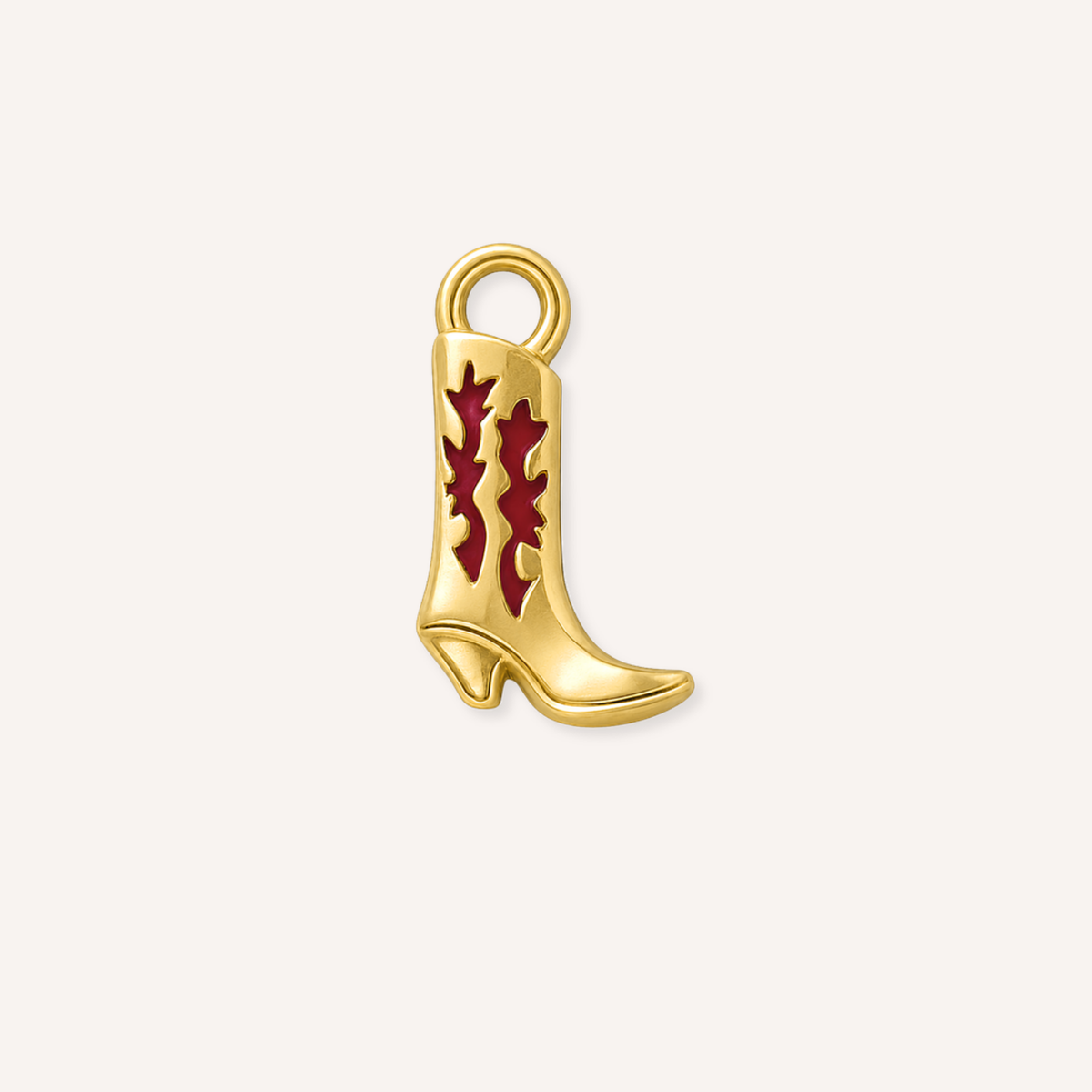Texana Charm, goudkleurige cowboylaarsbedel met bordeauxrode emaille vlammen